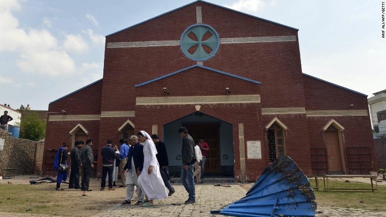 Suicide bombings in Christian area of Pakistani city kill at least 14 people.